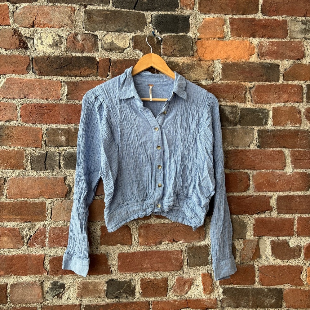 Free People | Crinkle Gauzy Cropped Stripe Button Down Top